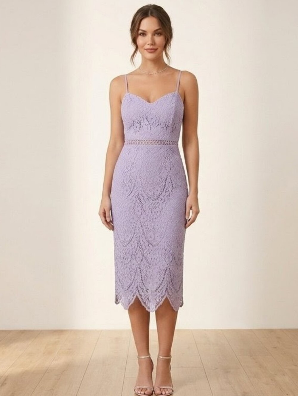 SAYLOR Lavender Lace Cami Midi Dress Crochet Waist Back Slit Size S